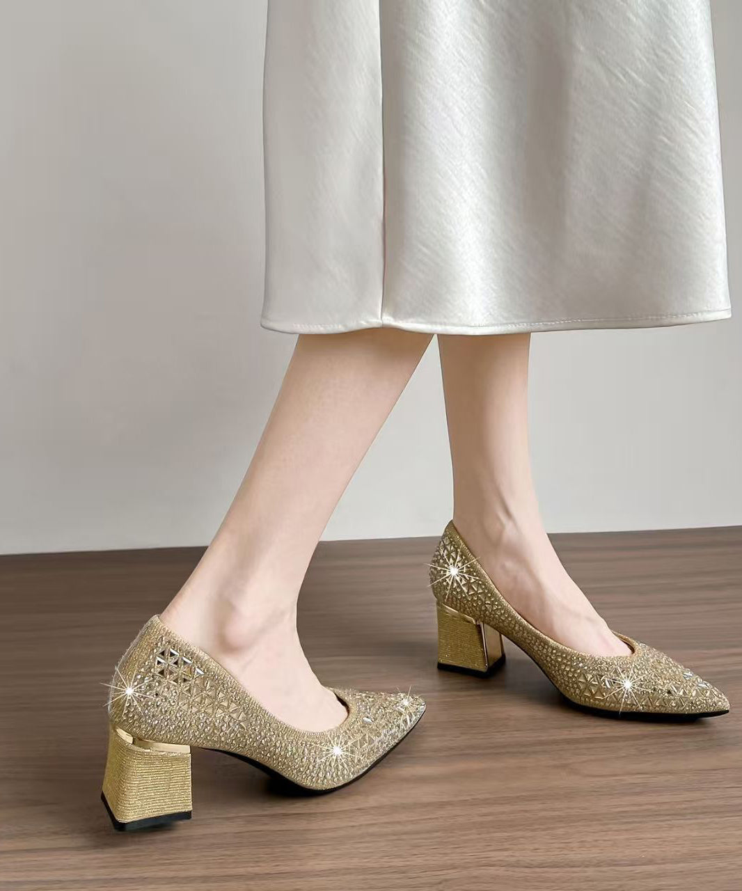 Champagne Sparkly High Heels Chunky Faux Leather Elegant Hollow Out High Heels