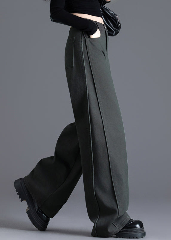 Charcoal Grey Denim Wide Leg Pants Oversized Wrinkled Spring