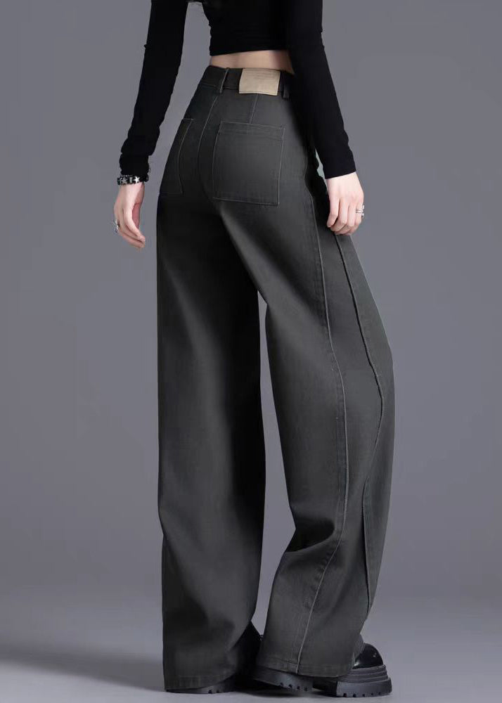 Charcoal Grey Denim Wide Leg Pants Oversized Wrinkled Spring