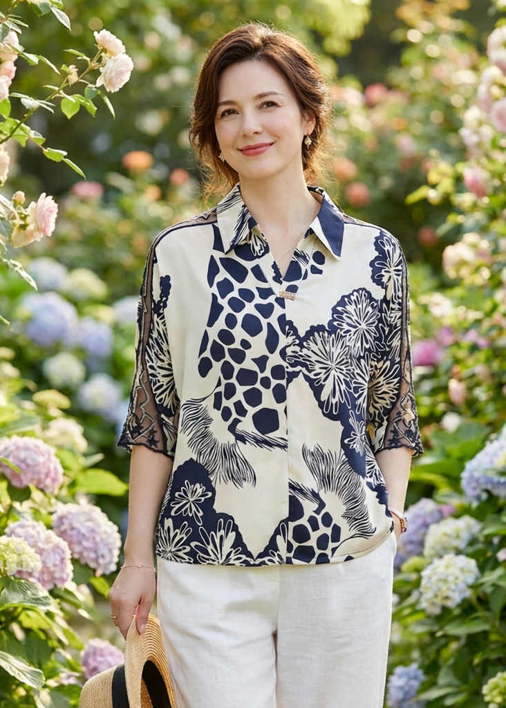 Loose Navy Peter Pan Collar Print Chiffon Blouses Bracelet Sleeve