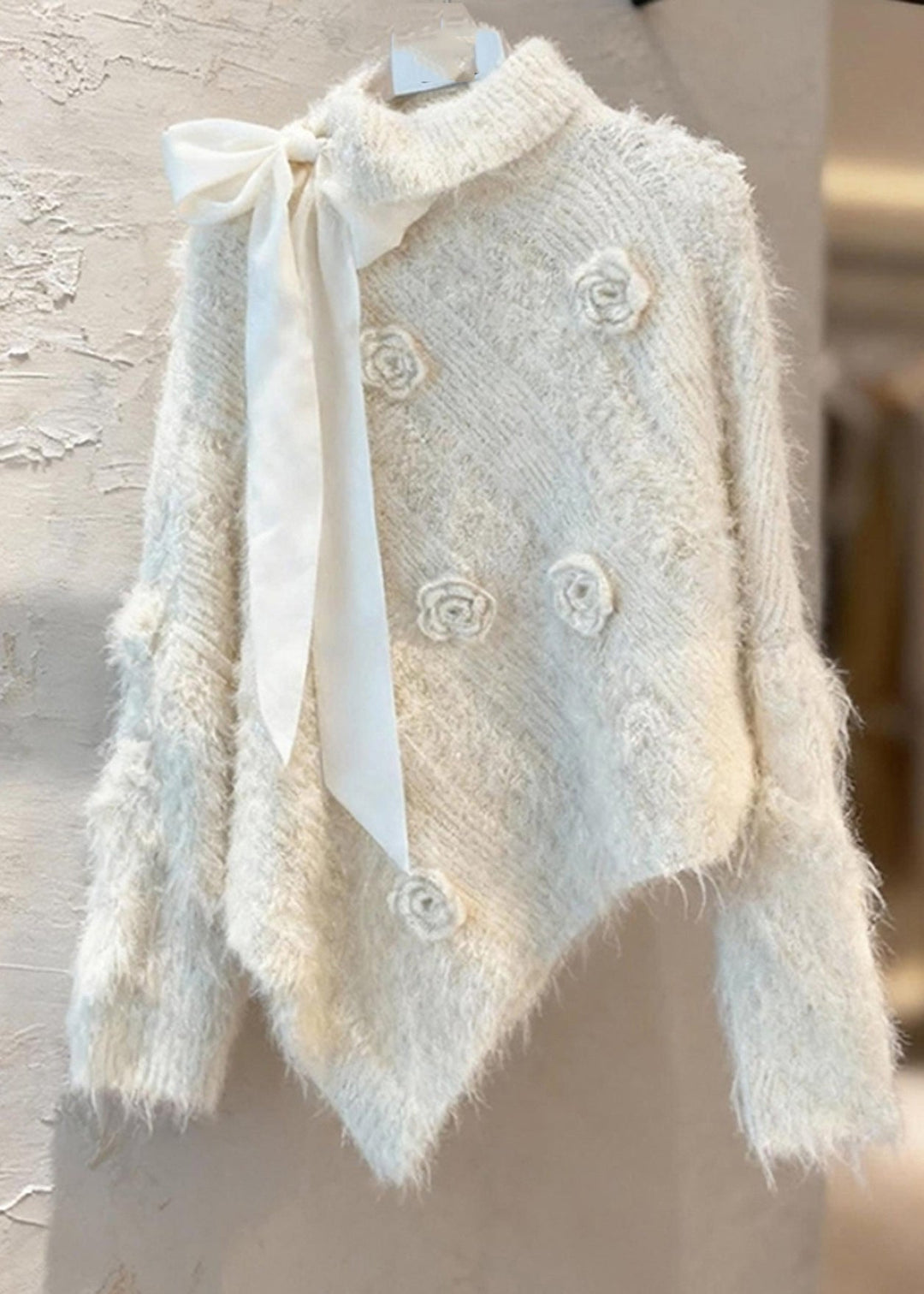 Chic Apricot Asymmetrical Bow Patchwork Cotton Knit Sweater Spring