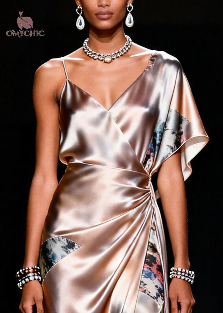 Chic Apricot Asymmetrical Patchwork Silk Sundress Summer