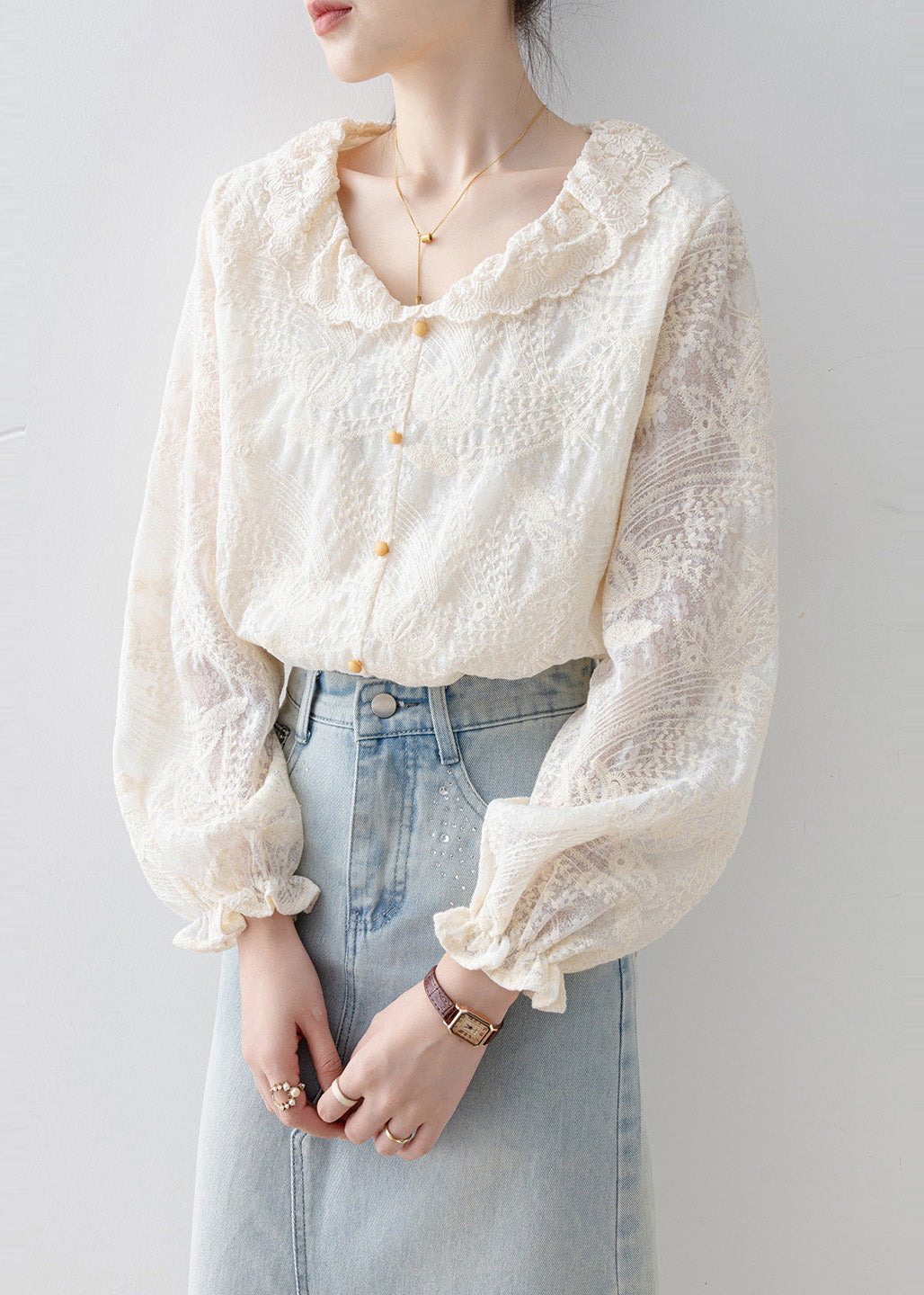 Chic Apricot Embroidered Lace Shirt Tops Spring