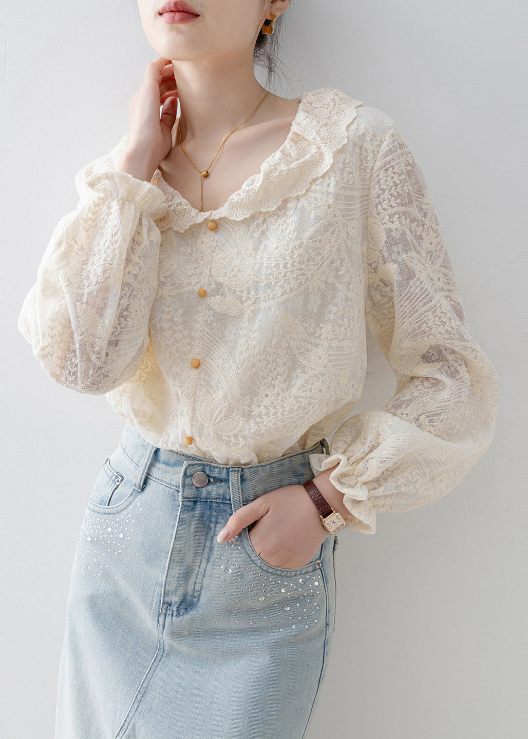 Chic Apricot Embroidered Lace Shirt Tops Spring