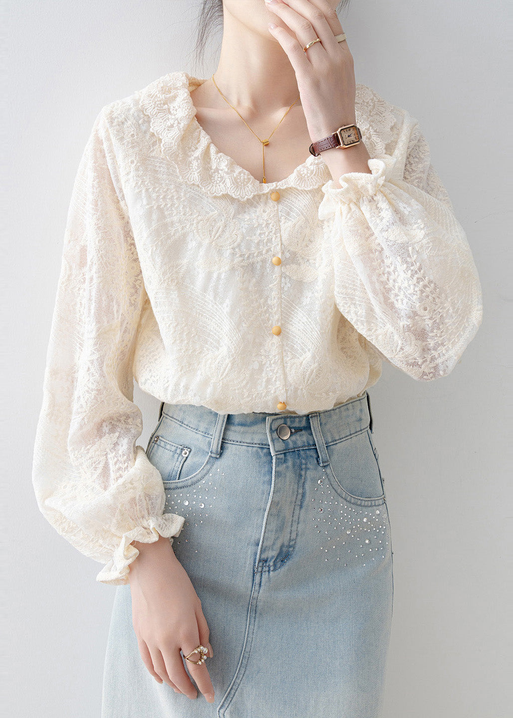 Chic Apricot Embroidered Lace Shirt Tops Spring