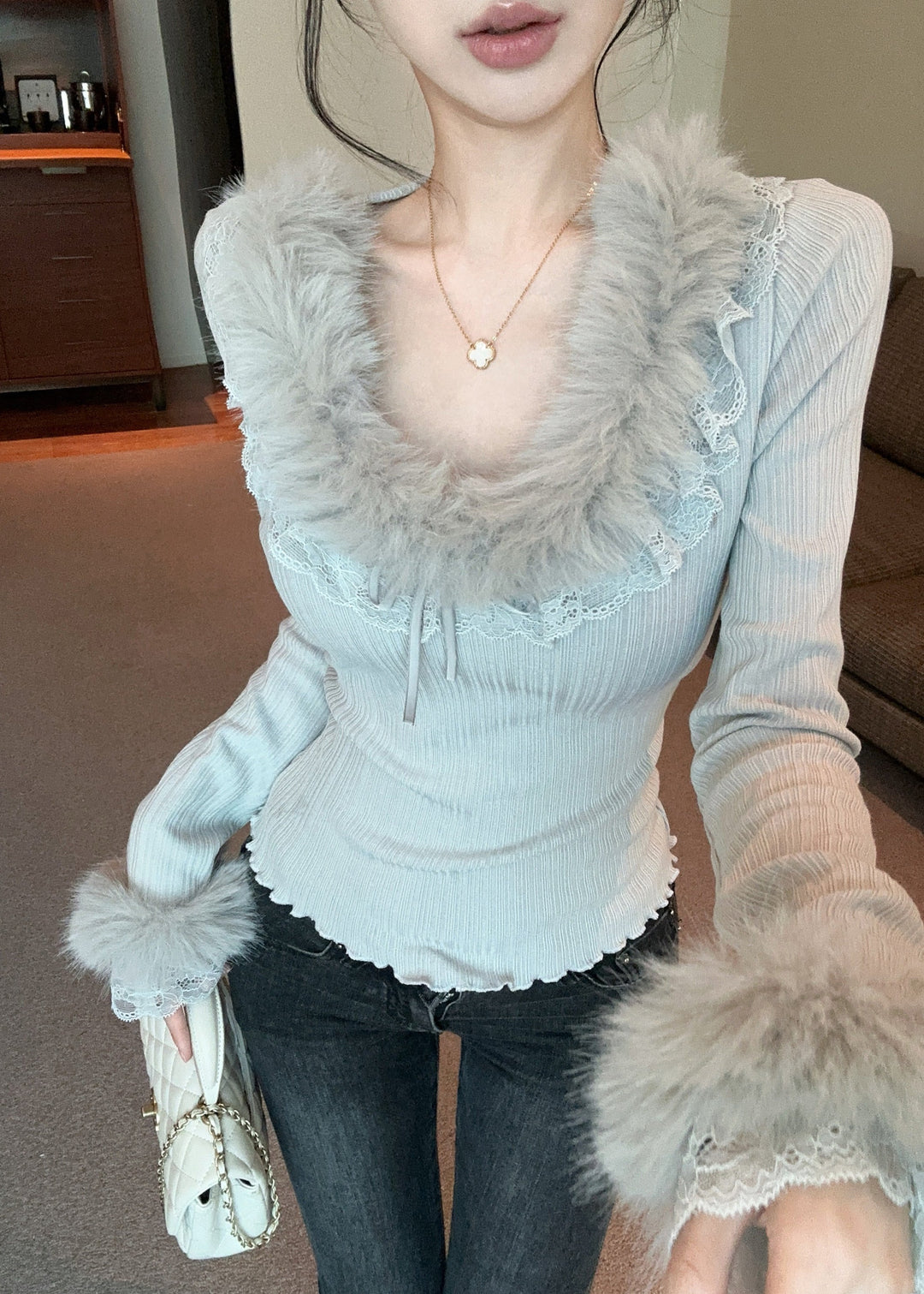 Chic Apricot Fur Lace Patchwork Knit Top Spring