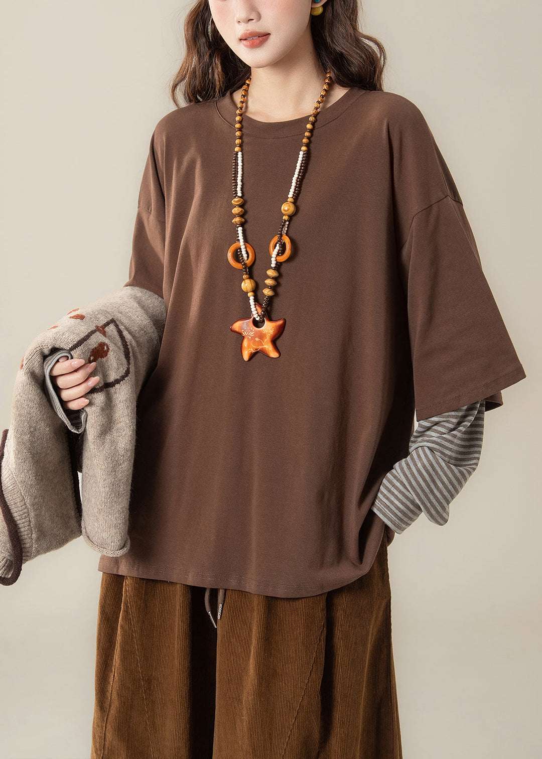 Chic Apricot Jacquard Knit Vest And Coffee T Shirt Patchwork Two Piece Set