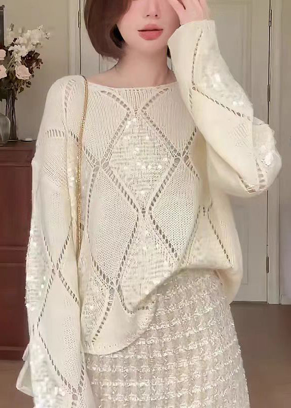 Chic Apricot O Neck Hollow Out Sequins Knit Sweater Fall