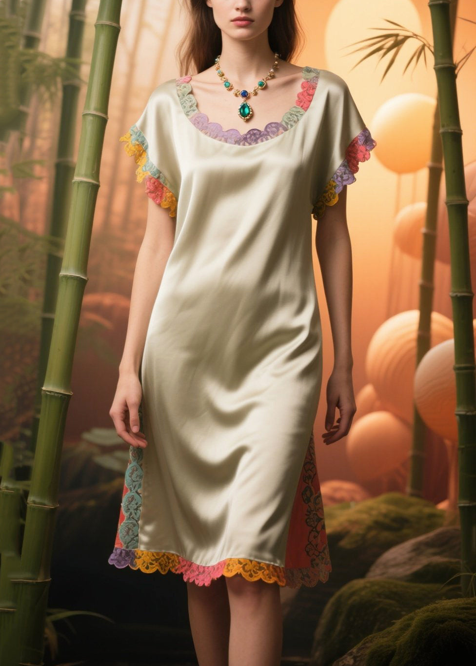 Chic Apricot Oversized Patchwork Lace Silk Tea Dress Summer