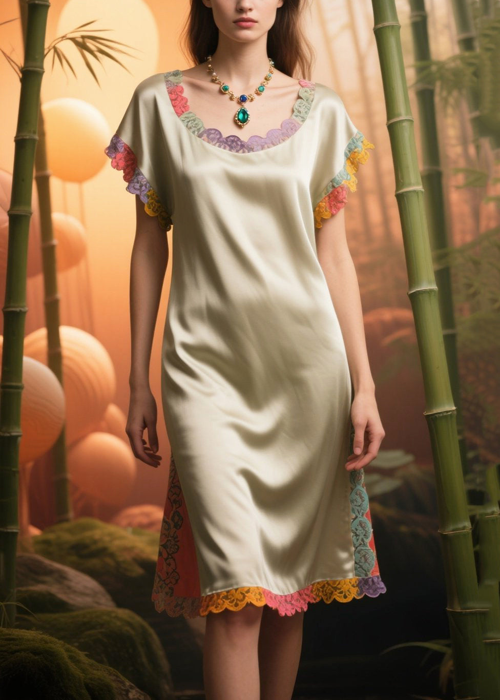 Chic Apricot Oversized Patchwork Lace Silk Tea Dress Summer