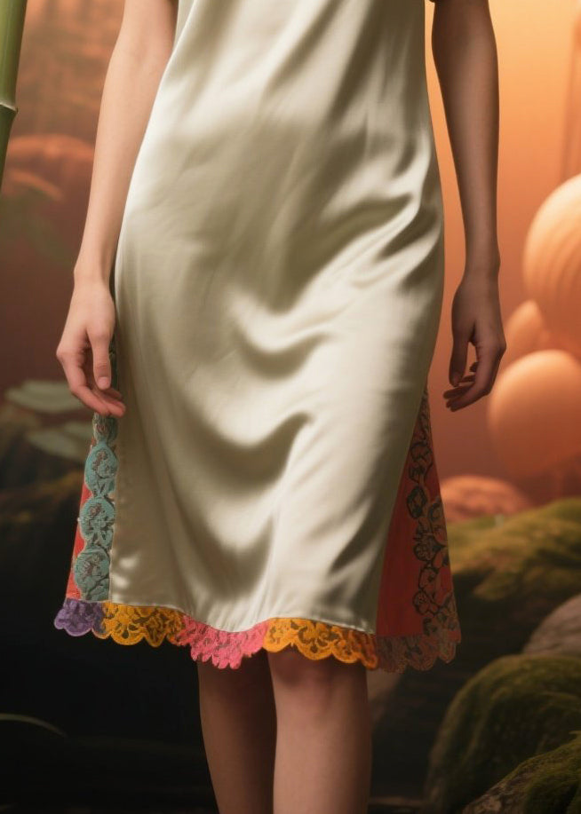 Chic Apricot Oversized Patchwork Lace Silk Tea Dress Summer