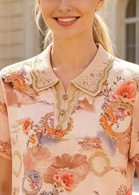 Chic Apricot Peter Pan Collar Print Cotton Shirts Summer