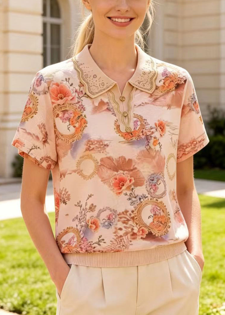 Chic Apricot Peter Pan Collar Print Cotton Shirts Summer