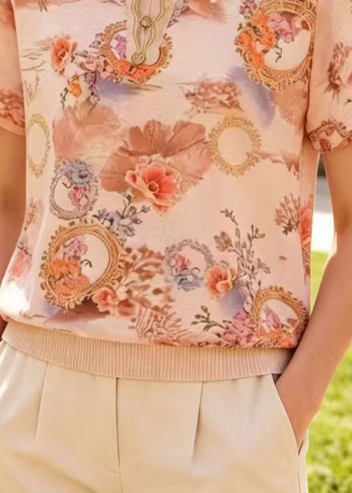 Chic Apricot Peter Pan Collar Print Cotton Shirts Summer