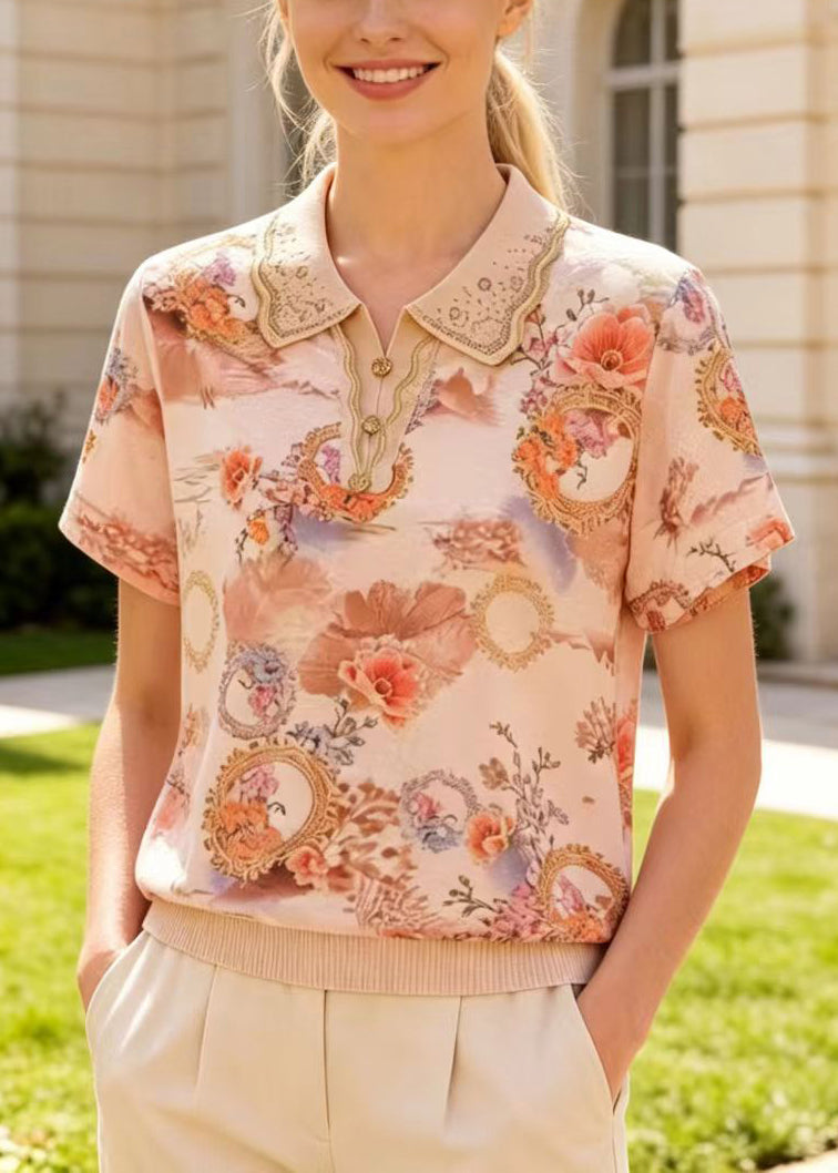 Chic Apricot Peter Pan Collar Print Cotton Shirts Summer