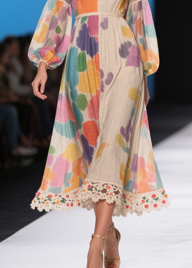 Chic Apricot Print Patchwork Lace Holiday Dress Lantern Sleeve