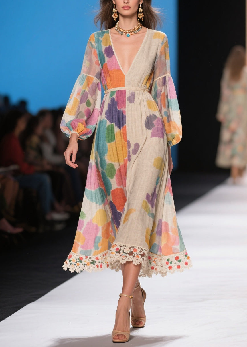 Chic Apricot Print Patchwork Lace Holiday Dress Lantern Sleeve