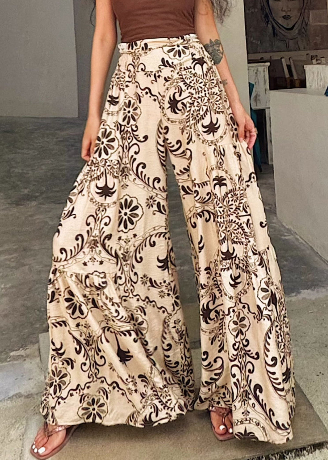 Chic Apricot Print Pockets Cotton Wide Leg Pants Summer