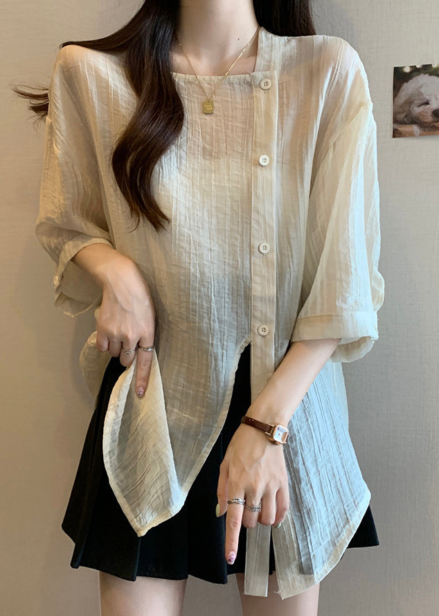 Chic Apricot Square Collar Button Chiffon Shirt Bracelet Sleeve