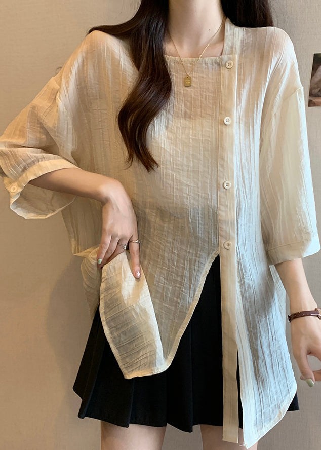 Chic Apricot Square Collar Button Chiffon Shirt Bracelet Sleeve