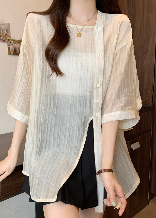 Chic Apricot Square Collar Button Chiffon Shirt Bracelet Sleeve