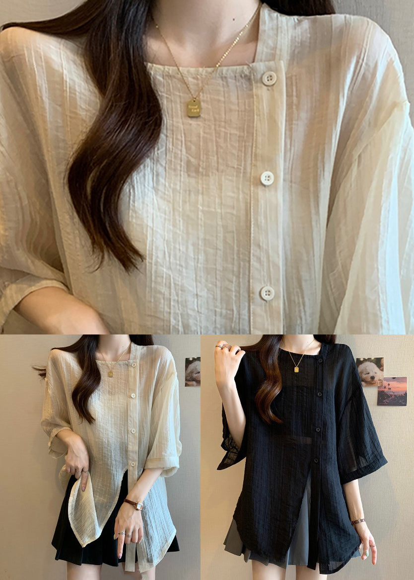 Chic Apricot Square Collar Button Chiffon Shirt Bracelet Sleeve
