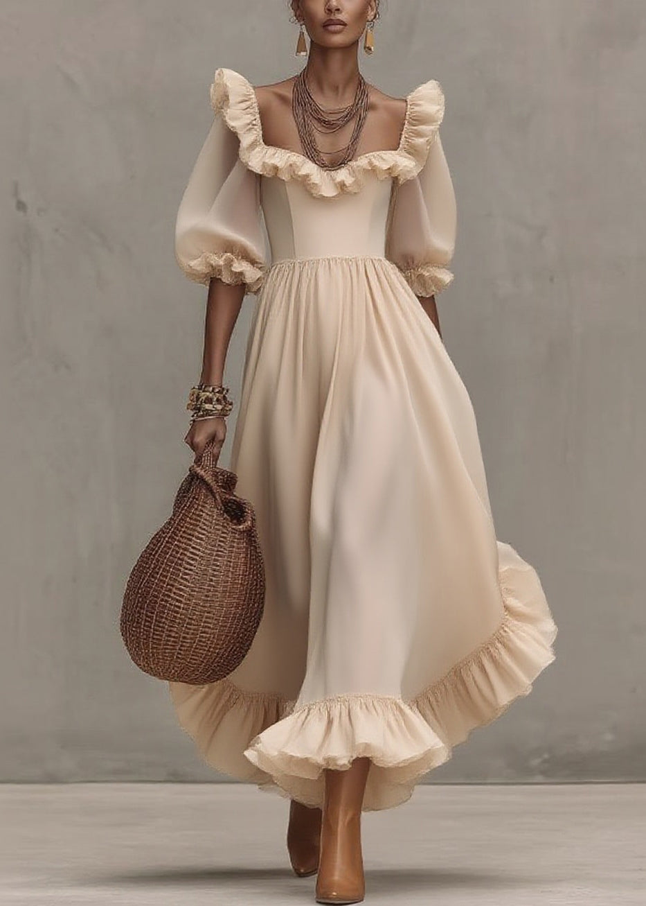 Chic Apricot Square Collar Wrinkled Long Dress Half Sleeve - Omychic