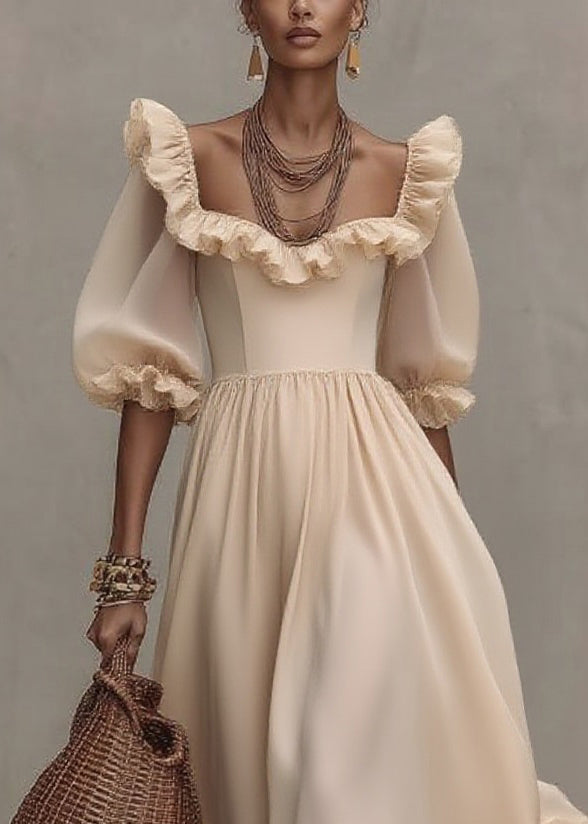 Chic Apricot Square Collar Wrinkled Long Dress Half Sleeve - Omychic