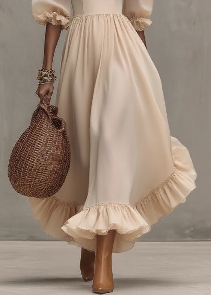 Chic Apricot Square Collar Wrinkled Long Dress Half Sleeve - Omychic