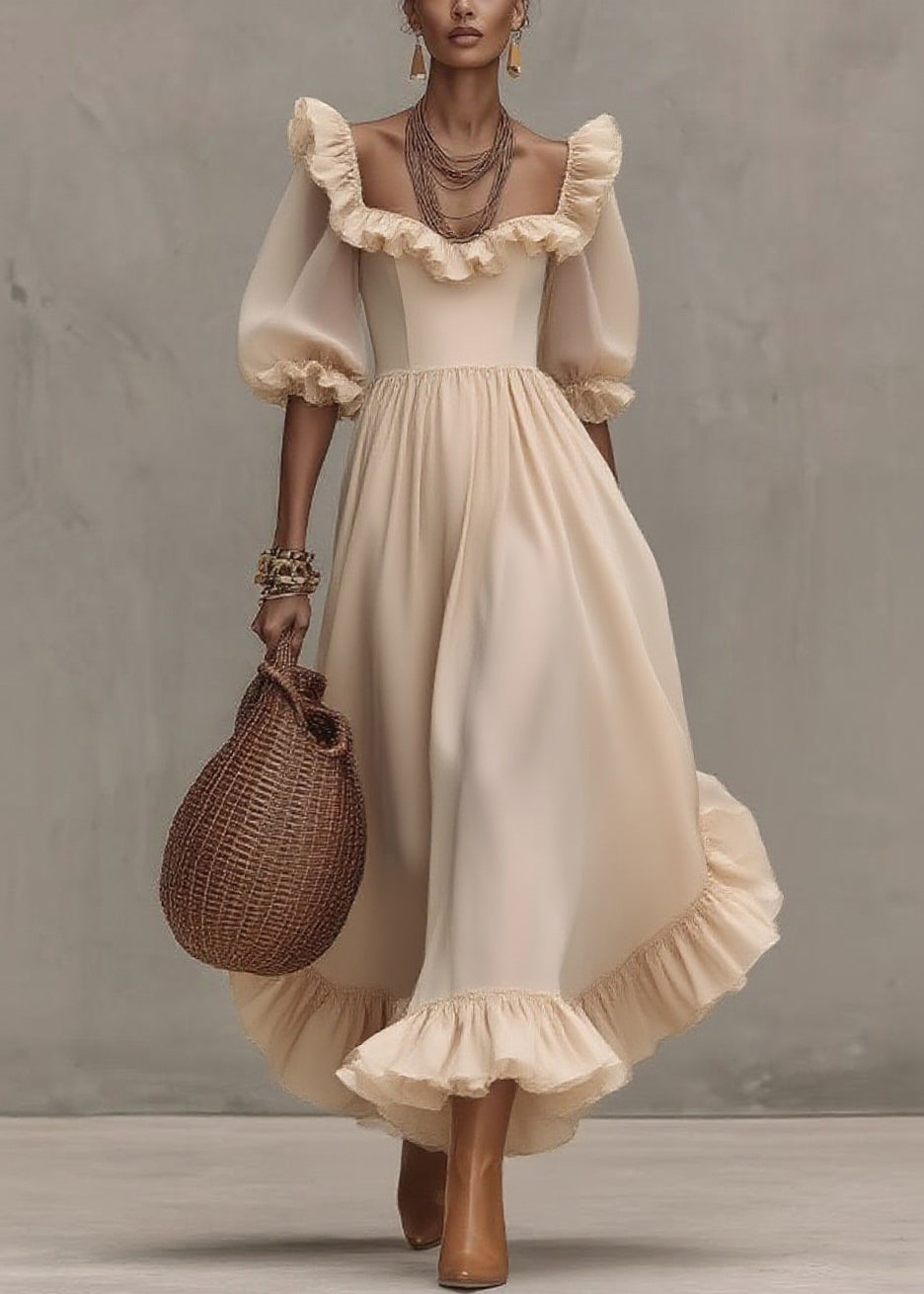 Chic Apricot Square Collar Wrinkled Long Dress Half Sleeve - Omychic