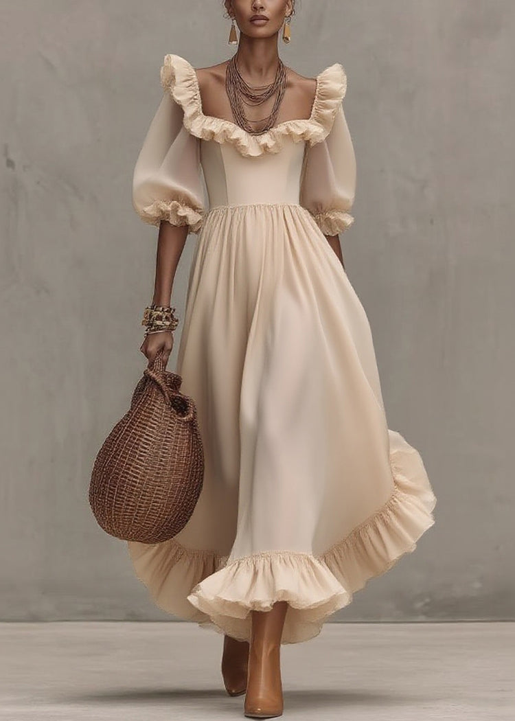 Chic Apricot Square Collar Wrinkled Long Dress Half Sleeve - Omychic