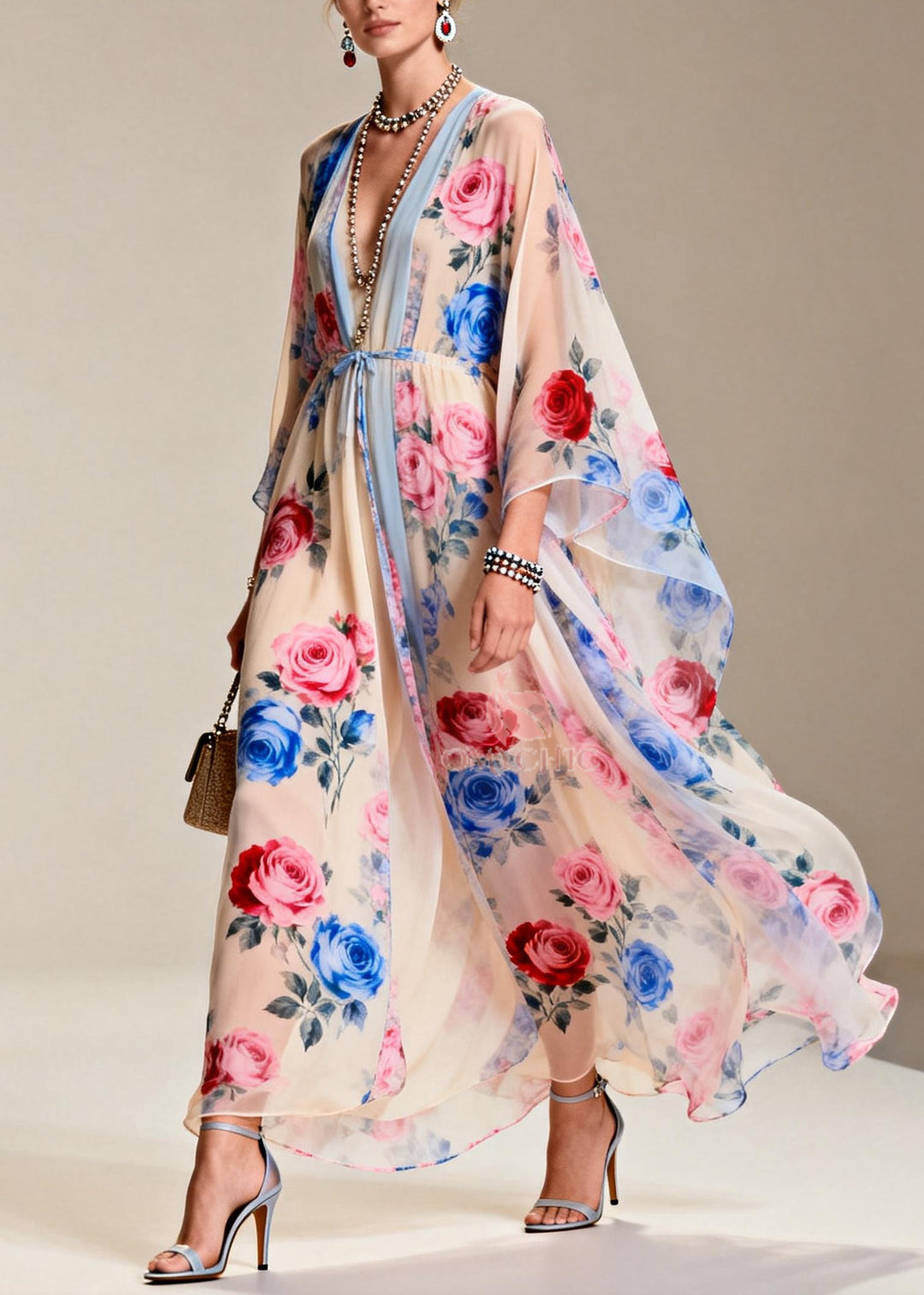 Chic Apricot Tie Waist Print Chiffon Party Dress Summer