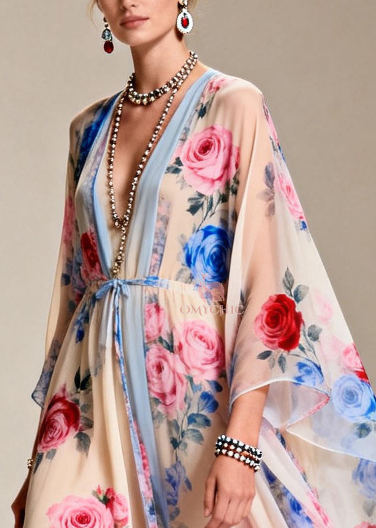 Chic Apricot Tie Waist Print Chiffon Party Dress Summer