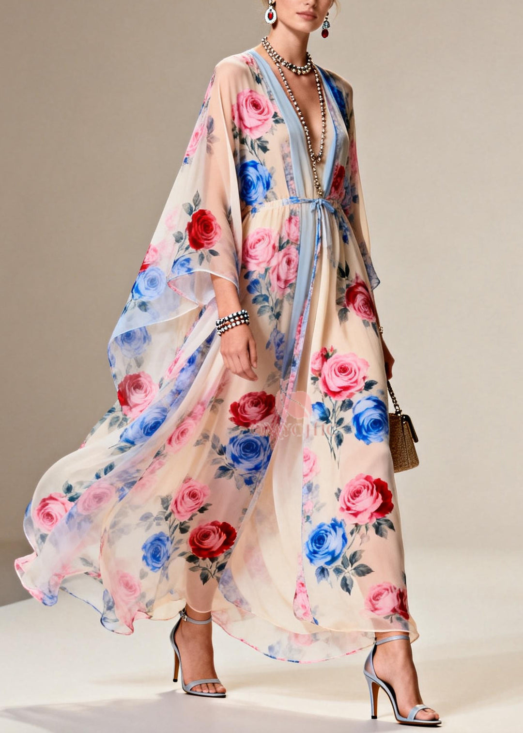 Chic Apricot Tie Waist Print Chiffon Party Dress Summer