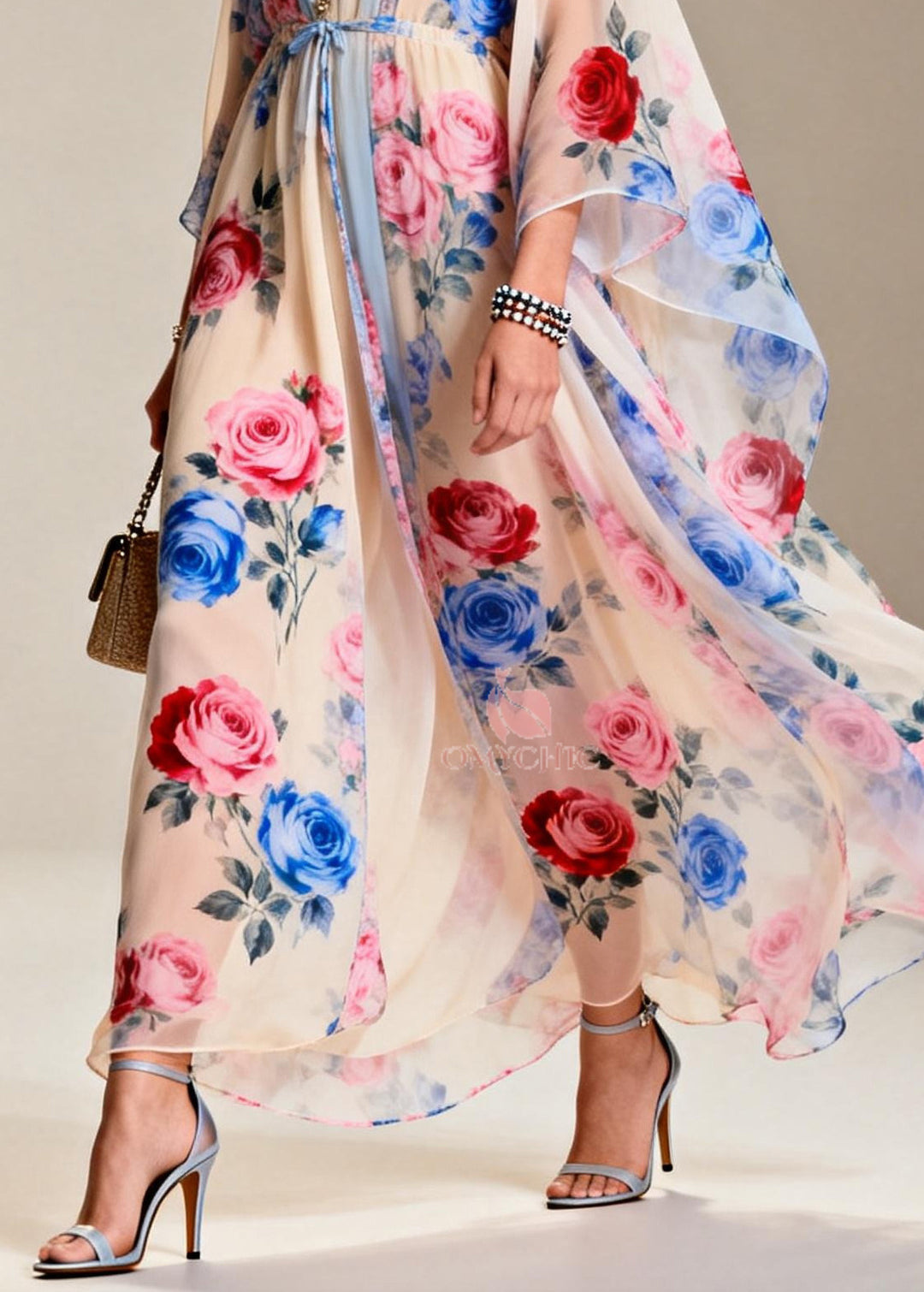 Chic Apricot Tie Waist Print Chiffon Party Dress Summer