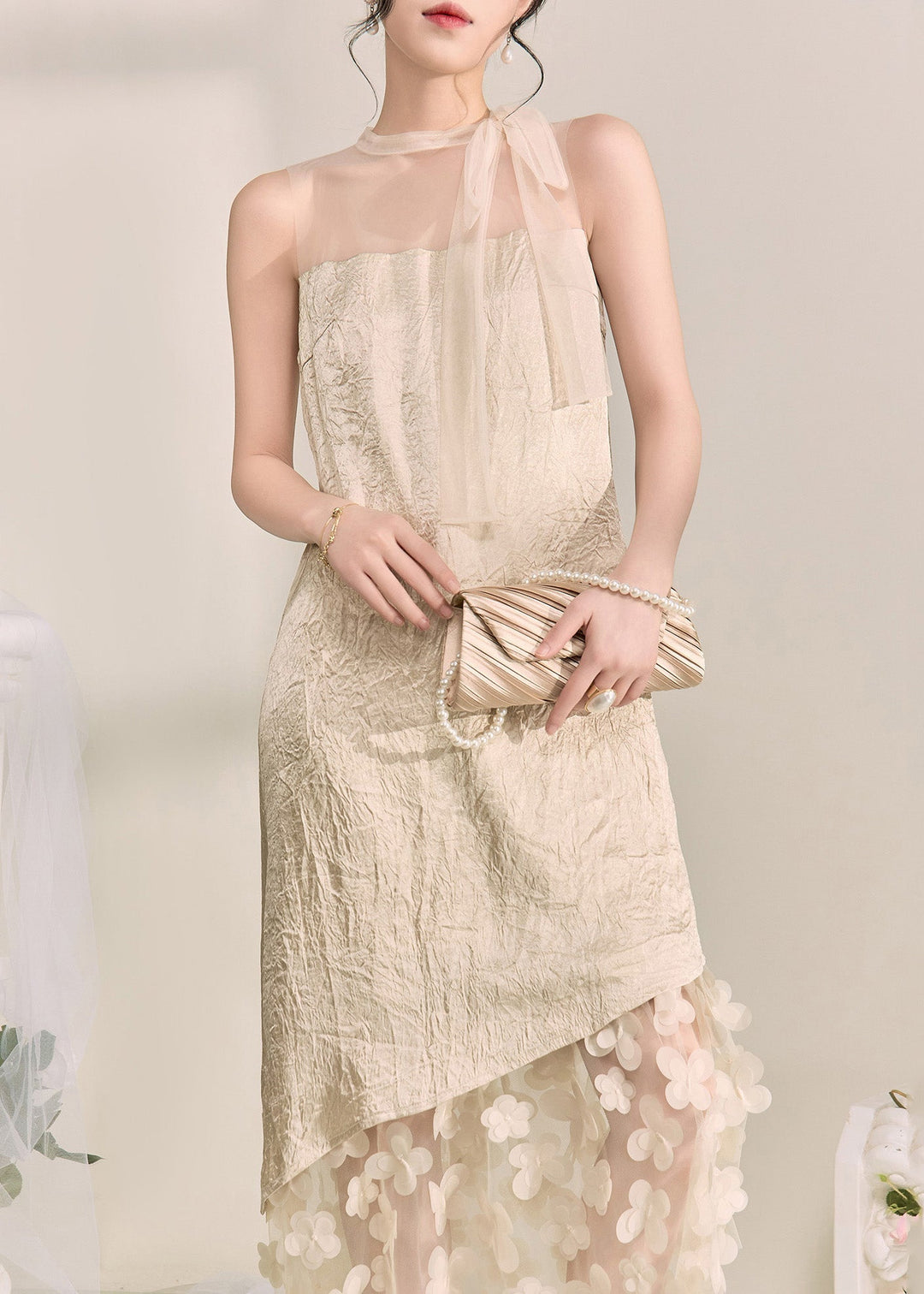 Chic Apricot Tulle Patchwork Floral Vacation Maxi Dresses Summer