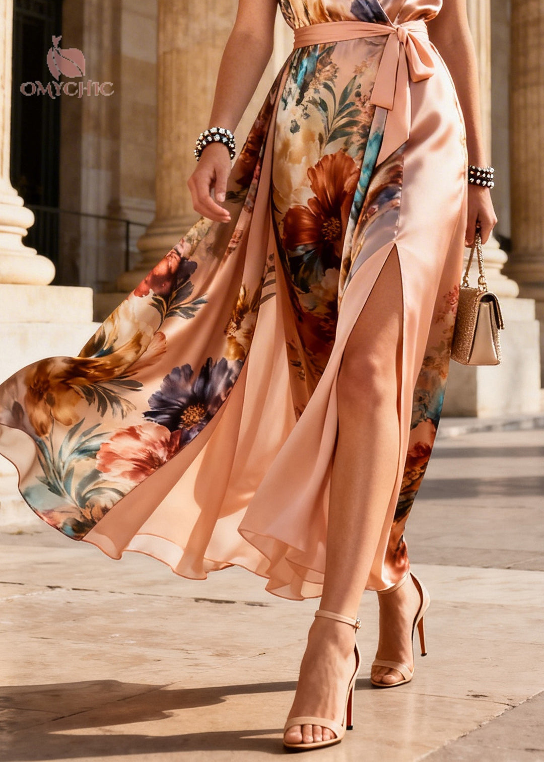 Chic Apricot Tunic Print Side Open Chiffon Long Dress Sleeveless