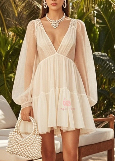 Chic Apricot V Neck Exra Large Hem Tulle Tea Dress Summer