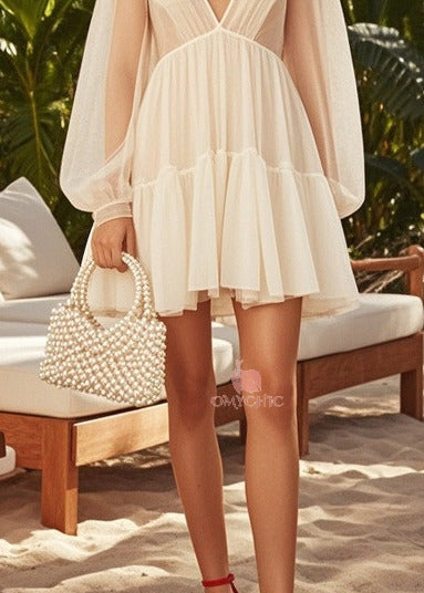 Chic Apricot V Neck Exra Large Hem Tulle Tea Dress Summer