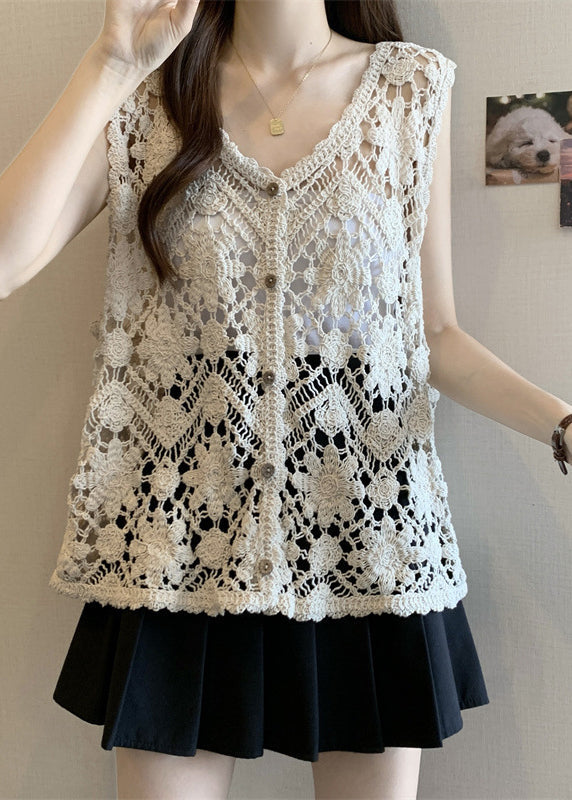 Chic Apricot V Neck Hollow Out Knit Vest Sleeveless
