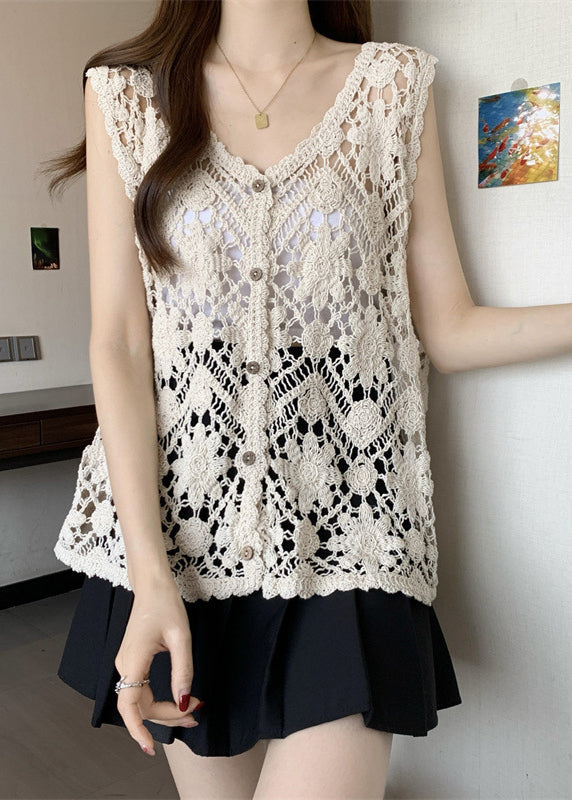 Chic Apricot V Neck Hollow Out Knit Vest Sleeveless