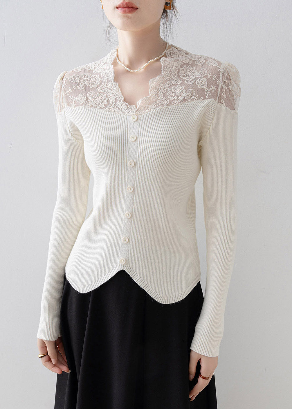 Chic Apricot V Neck Lace Patchwork Knit Sweater Spring