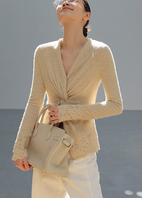 Chic Apricot V Neck Wrinkled Knit Top Spring