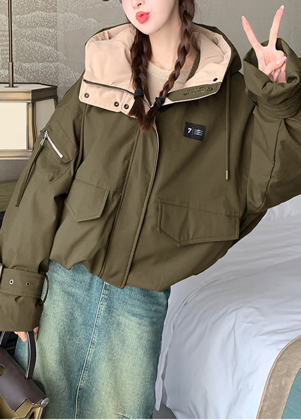 Chic Army Green Hooded Patchwork Fine Cotton Filled Parkas Winter