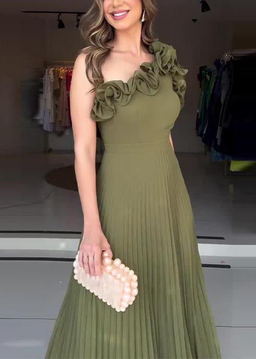 Chic Army Green One Shoulder Floral Pleated Dress Summer