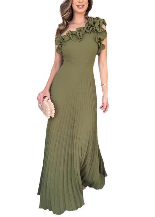 Chic Army Green One Shoulder Floral Pleated Dress Summer