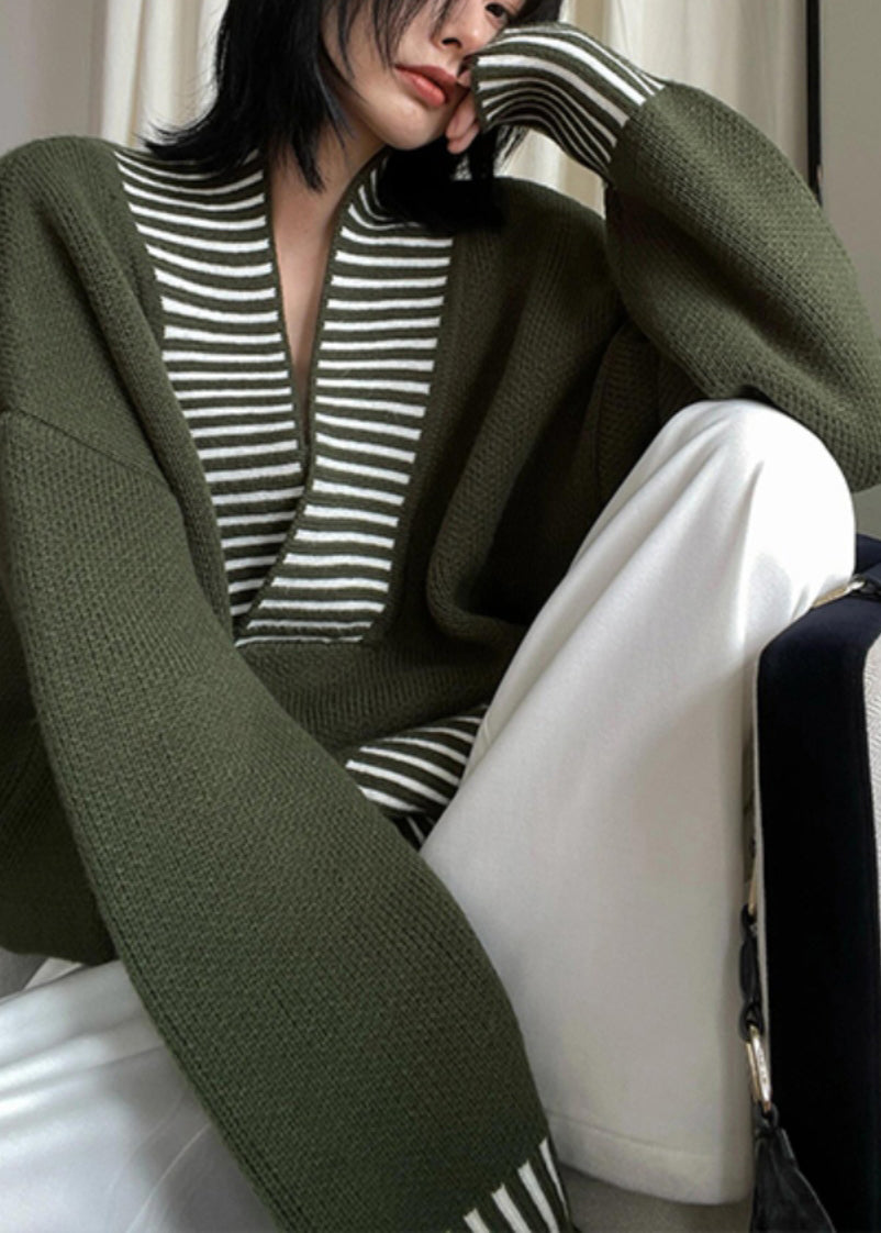 Chic Army Green V Neck Striped Patchwork Knit Sweater Fall