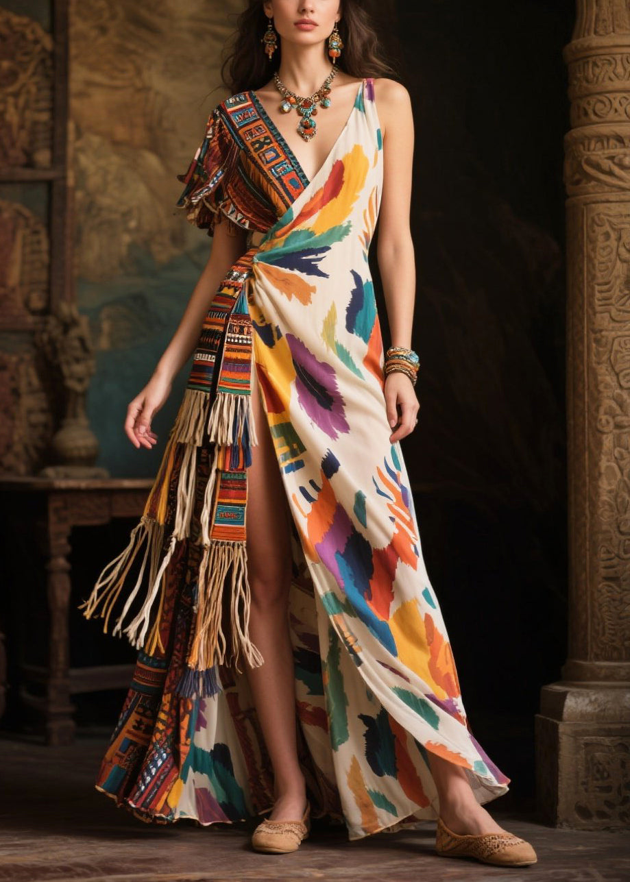 Chic Asymmetrical Design Tasseled Chiffon Ankle Dress Summer