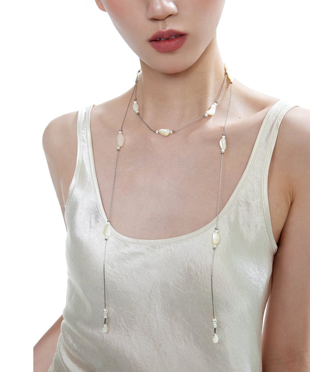Chic Beige Asymmetric Pearl Double Chain Alloy Necklace