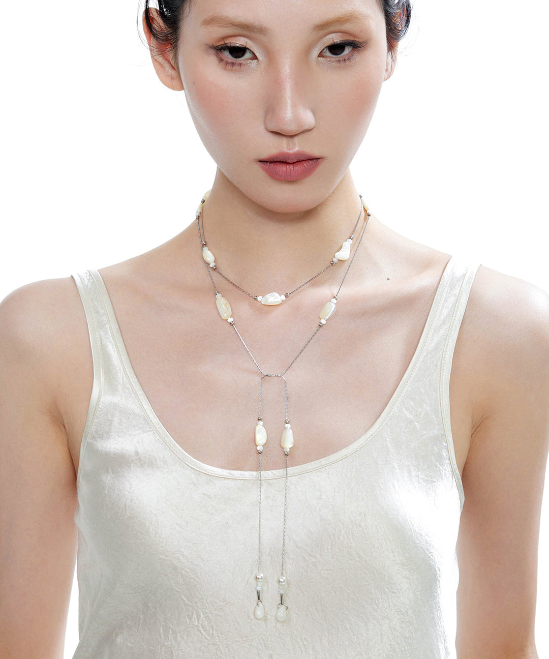 Chic Beige Asymmetric Pearl Double Chain Alloy Necklace